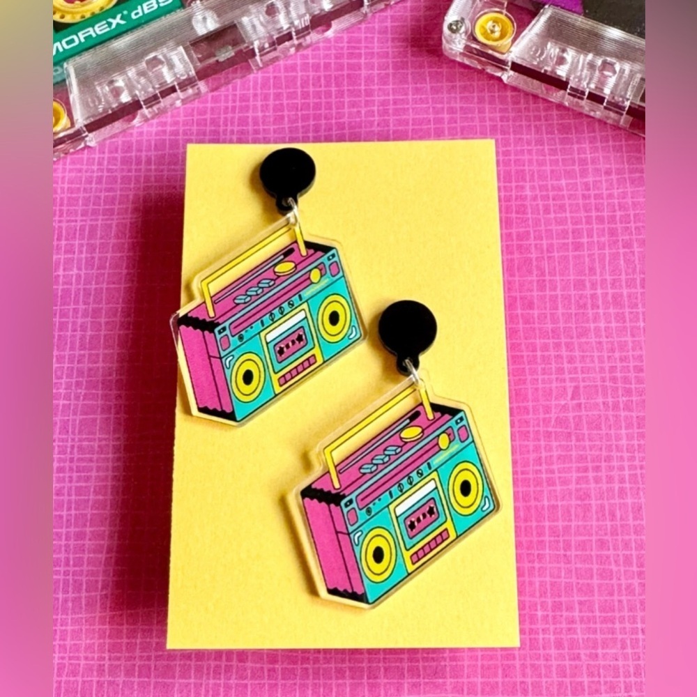New Retro 80s 90s Style Acrylic Boombox Cassette Player Nostalgic Earrings 2.5”